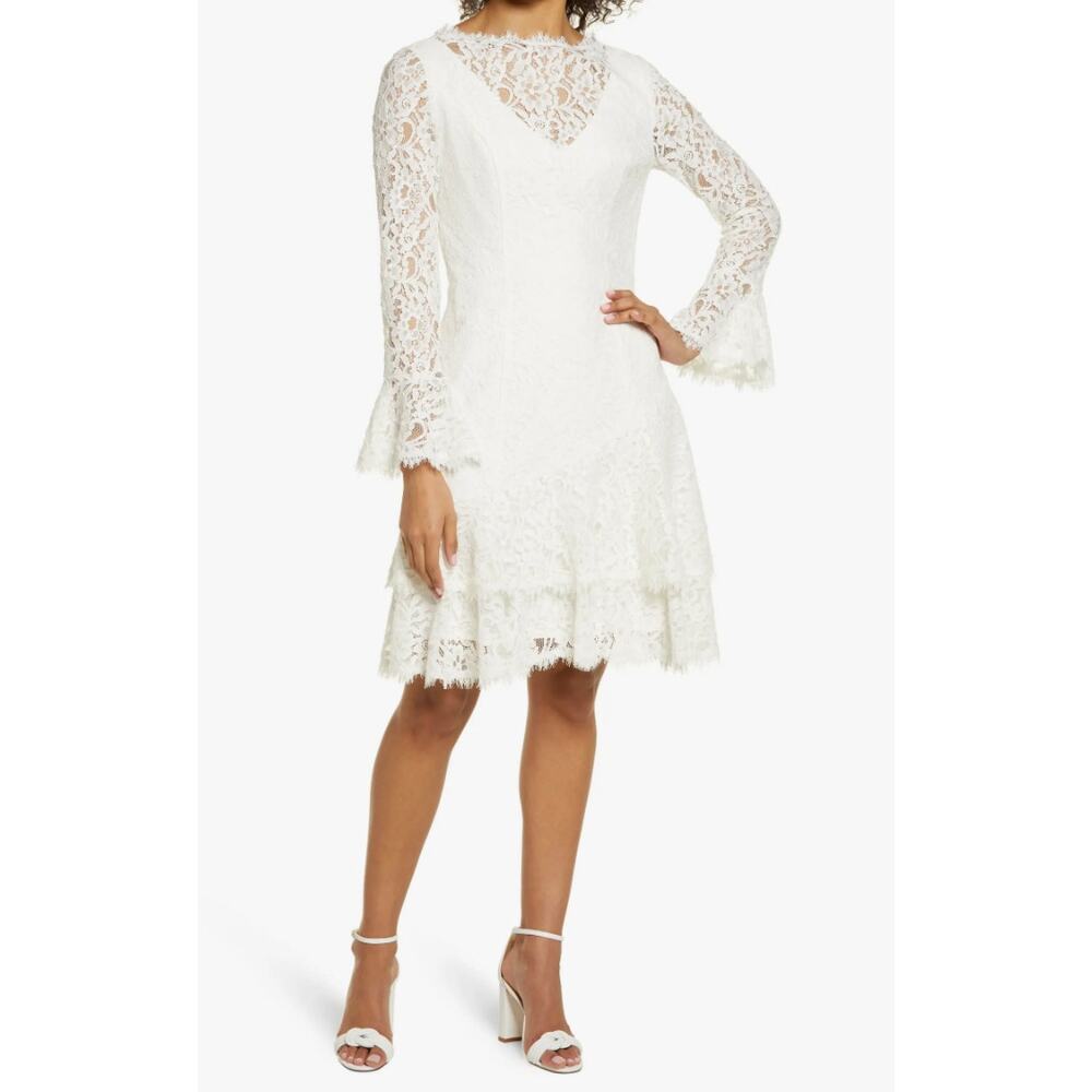 Shani Long Sleeve Tiered Lace Dress White Size 4 Bell Sleeve A-Line Party